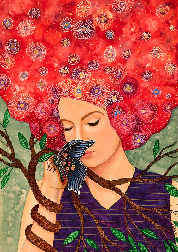 Illustration of a woman with vibrant red hair, holding a butterfly amid tree branches and leaves.