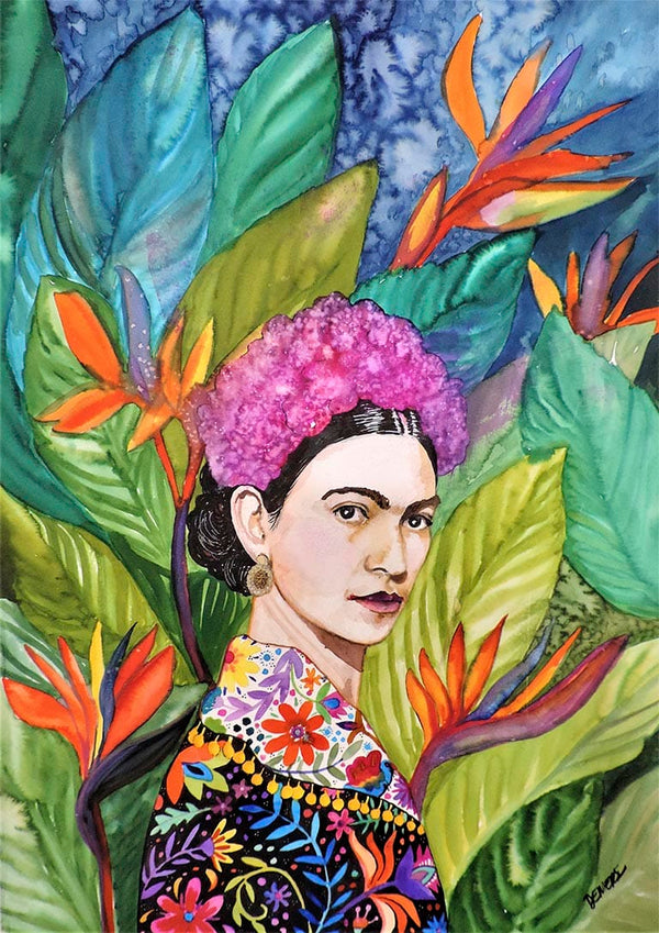 Colorful portrait of a woman with flowers in her hair, surrounded by lush tropical leaves and vibrant blossoms.