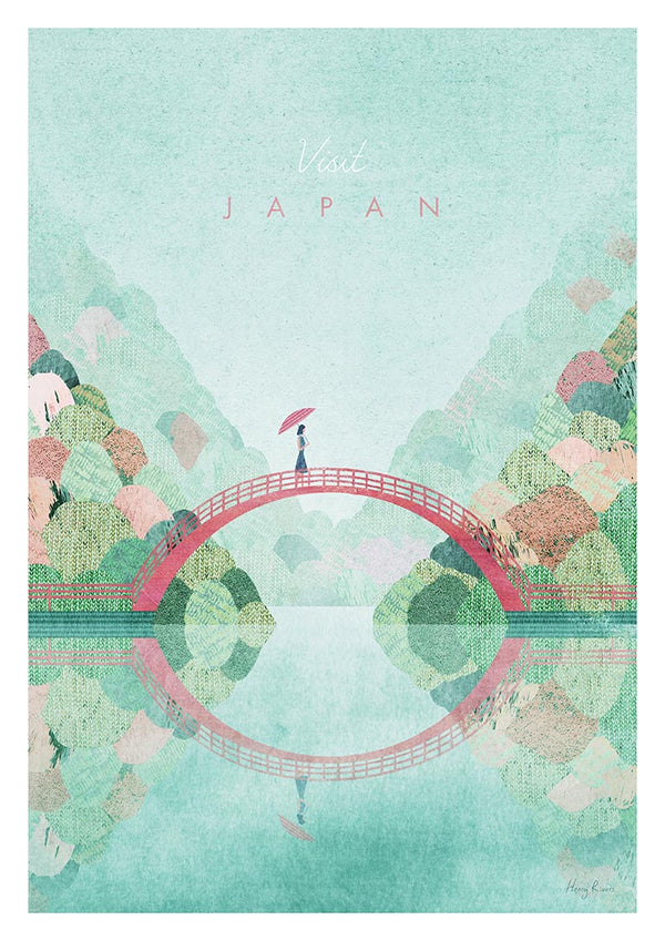 Illustration of a person with an umbrella on a red bridge over water, scenic mountains in Japan by Henry Rivers.