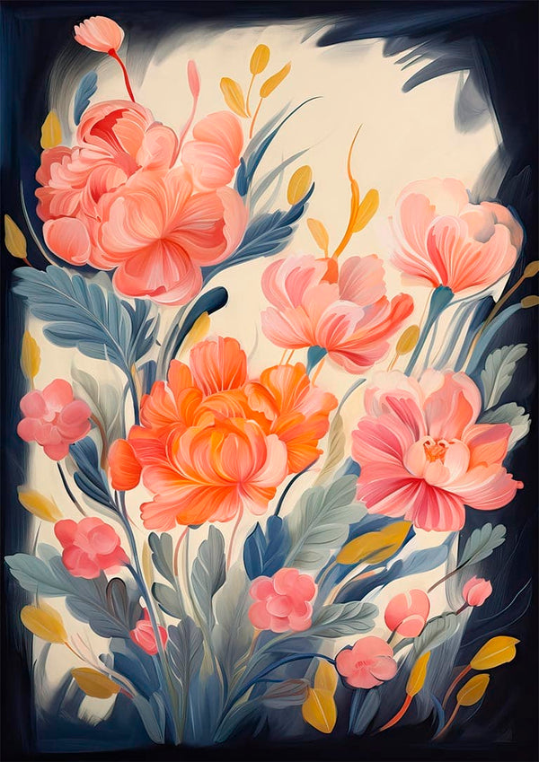 Artistic bouquet of pink and orange roses with green leaves on a light background, featured for Roses - Kate Aitana.