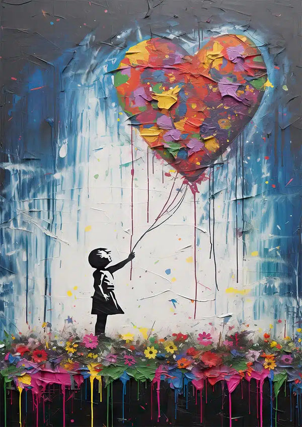 Banksy-inspired art of a girl reaching for a large, colorful heart-shaped balloon amid vibrant flowers.