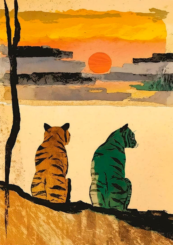 Two tigers rest side by side, gazing at a vibrant sunset over distant hills.