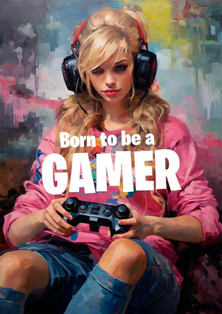 Teen girl in headset and pink shirt holding a game controller with "Born to be a GAMER" text.