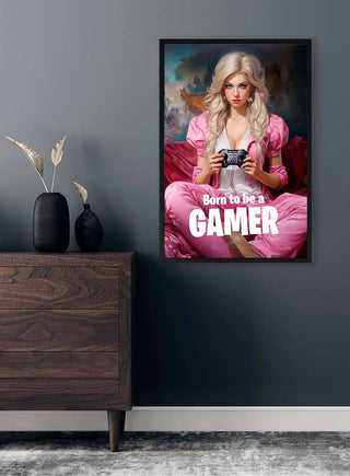 Poster of a girl in pink holding a game controller with "Born to be a GAMER" text, on Girls Are Gamers Too II page.