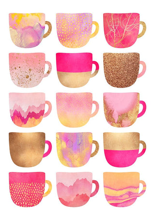Assorted pretty pink coffee cups with various artistic patterns, shown in a grid on a white background.