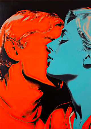 Pop art portrait of a man and woman in vibrant colors, inspired by Andy Warhol, for Kiss Me Andy Warhol - David Wolf.