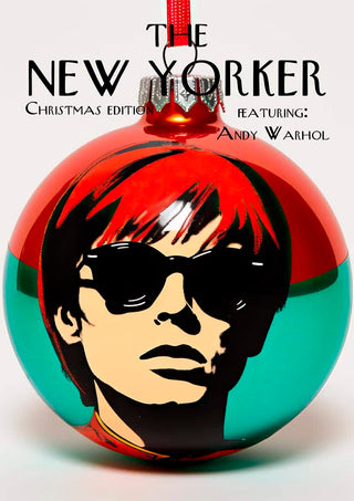 Red and green Christmas ornament featuring Andy Warhol’s portrait, New Yorker Christmas edition.