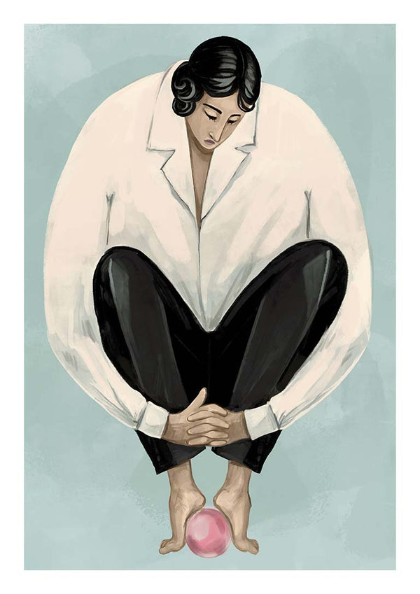 Illustration of a person sitting alone, hugging knees, balancing on a pink ball against a blue background.