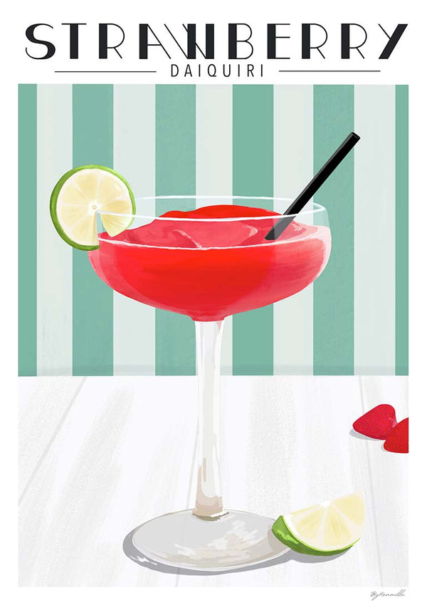 Illustration of a Strawberry Daiquiri cocktail with lime garnish and black straw, on a striped background.