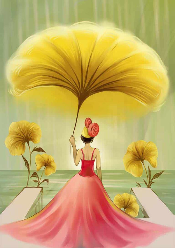 Woman in a pink dress holds a large yellow flower umbrella, surrounded by yellow blooms on water.