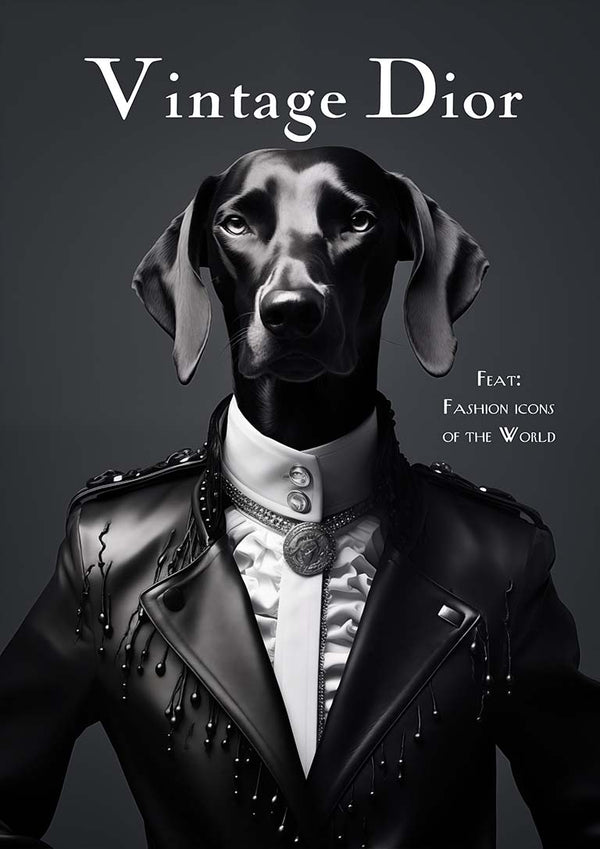 A stylish dog in a leather jacket and ruffled shirt poses under the Vintage Dior logo on a dark background.