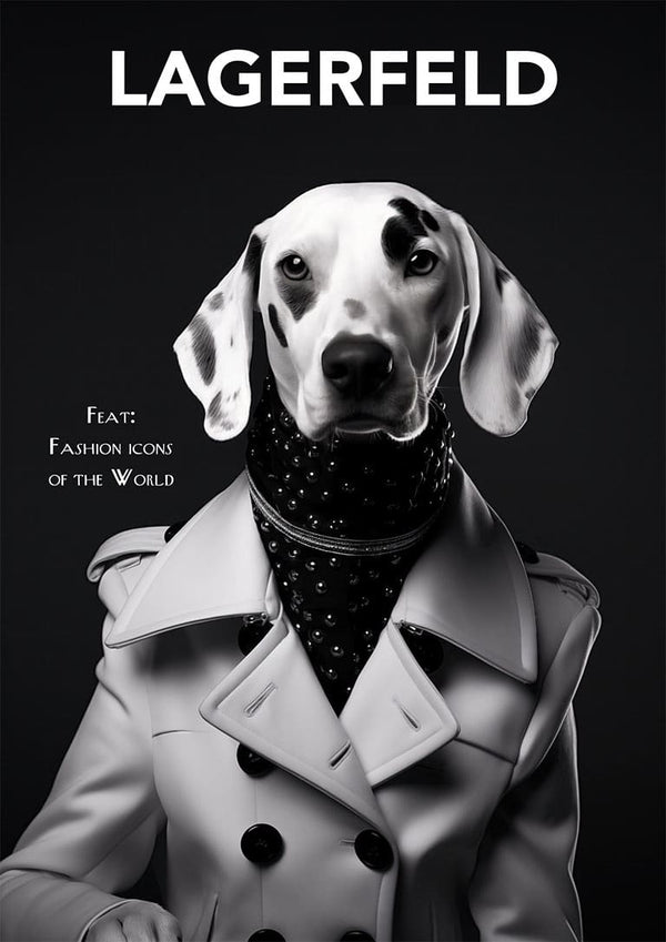 A Dalmatian in a white trench coat and scarf poses stylishly under the title "Lagerfeld Dog" on a black background.