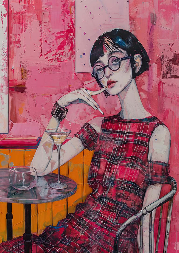 Illustration of a woman in a red plaid dress with glasses holding a drink, featured on Wicked Game by Tara Green.
