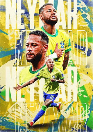 Neymar in Brazil jersey, multiple action poses, yellow-green background, "NEYMAR" text behind.