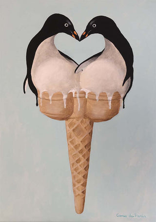 Two penguins form a heart shape atop an ice cream cone, artwork by Coco de Paris.