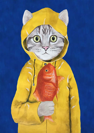 Illustration of a cat in a yellow raincoat holding a red fish, artwork from Cat With Fish - Coco de Paris.