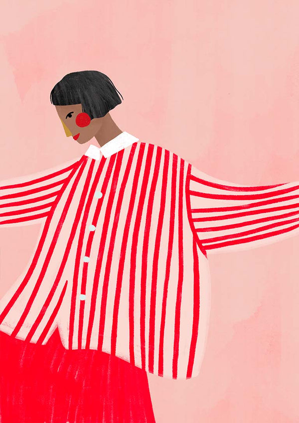 Illustration of a woman in a red and white striped shirt with short black hair, from The Woman With the Red Stripes.