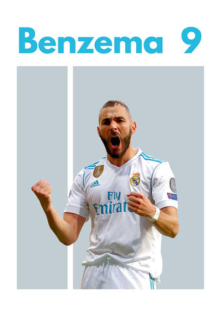 Benzema celebrating in Real Madrid kit with "Benzema 9" text above, football poster.