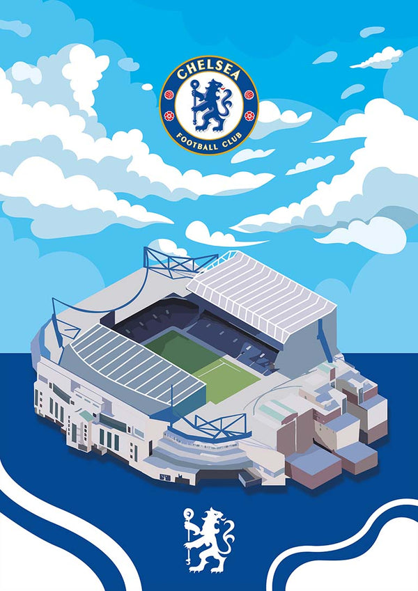 Illustrated poster of Stamford Bridge stadium with Chelsea FC logo and blue sky background.