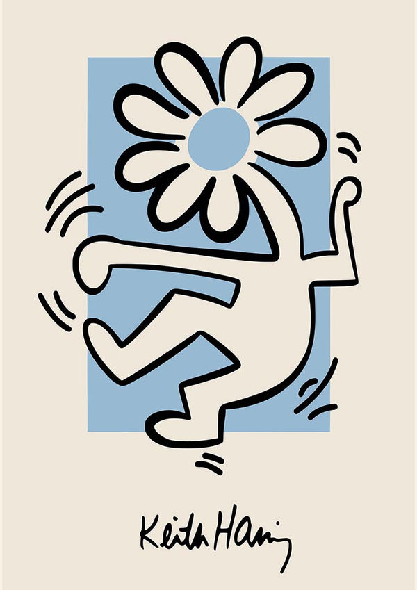 Abstract figure with a flower for a head, outlined in black on a blue background; Keith Haring signature below.