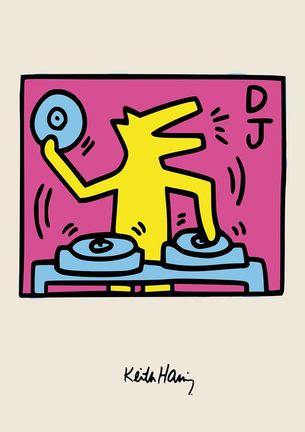 Colorful Keith Haring artwork of a yellow DJ figure mixing records, with "DJ" text and artist's signature below.