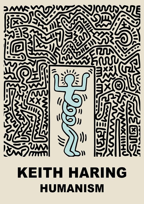 Poster for "Humanism" by Keith Haring featuring abstract human figures and bold black lines on a beige background.