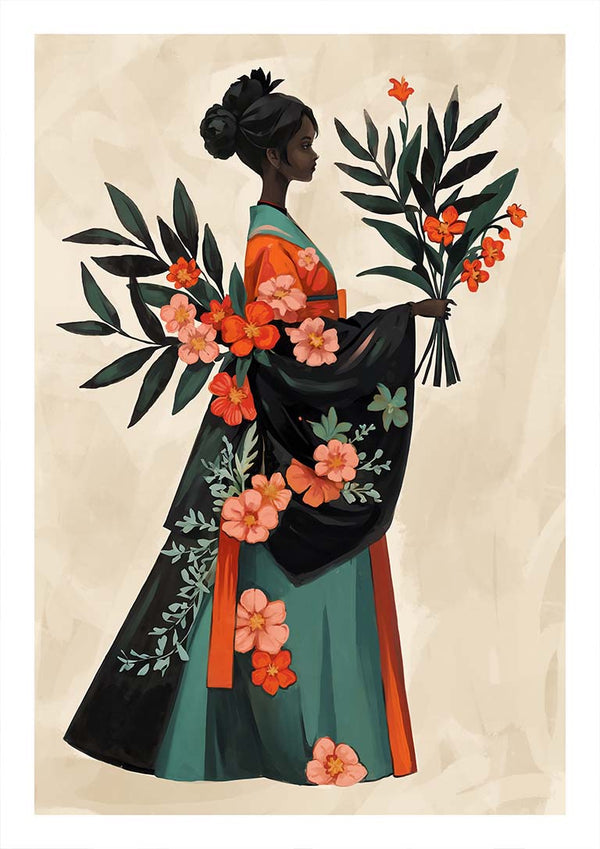 Elegant woman in a floral kimono holding bouquets, inspired by Elara Monet's Floral Serenity collection.