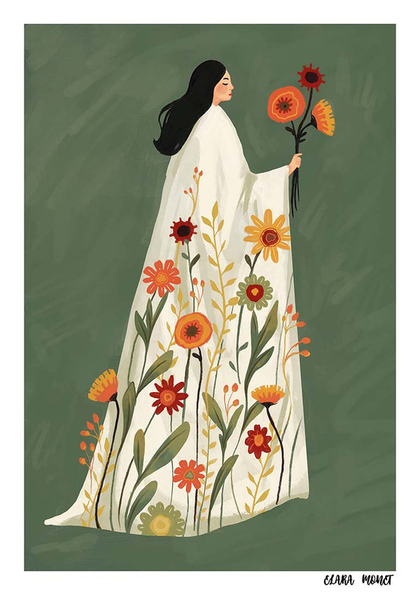 Woman in a flowing floral gown holding orange flowers, from the Blooming Grace - Elara Monet collection.
