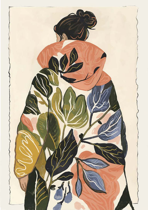 Illustration of a woman in a botanical-patterned coat, featured for Botanical Harmony - Elara Monet.