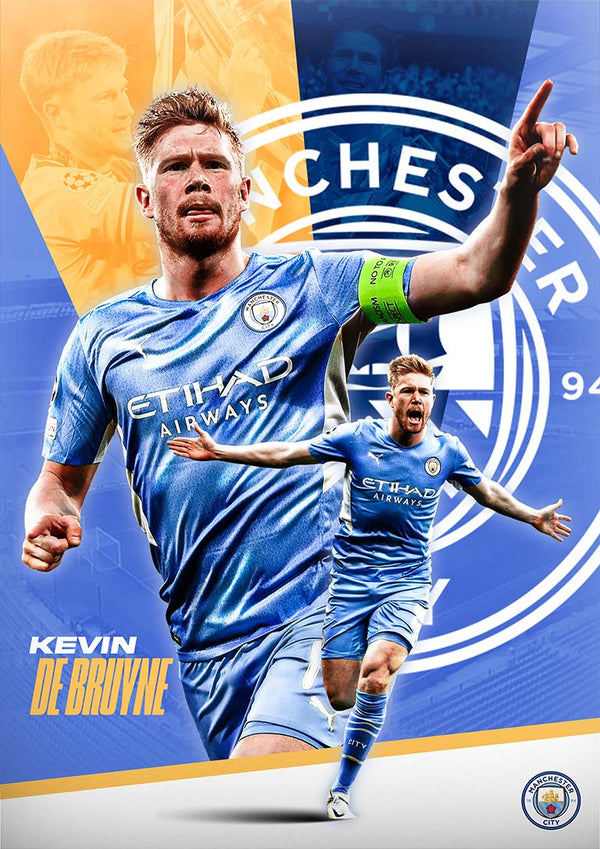 Poster of footballer Kevin De Bruyne in Manchester City kit, with dynamic poses and club logo in the background.