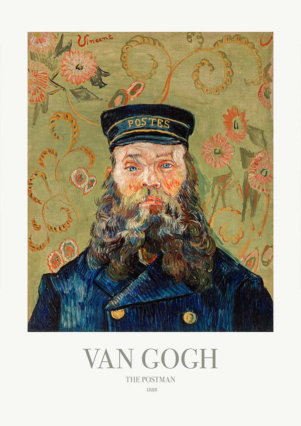 Van Gogh's "The Postman" painting featuring a bearded man in uniform with floral background.