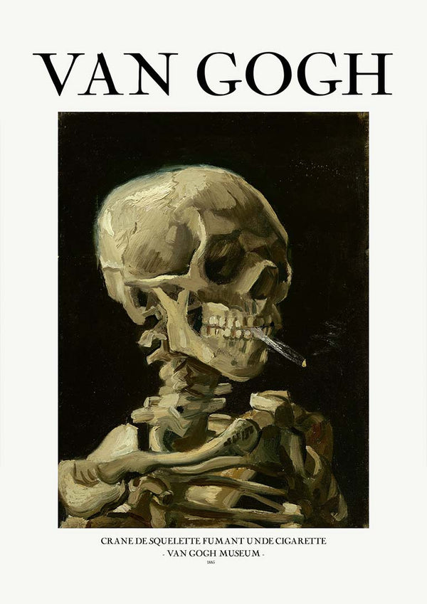 Painting of a human skeleton smoking, with "Van Gogh" text above; product image for Crane De Squelette - Van Gogh.