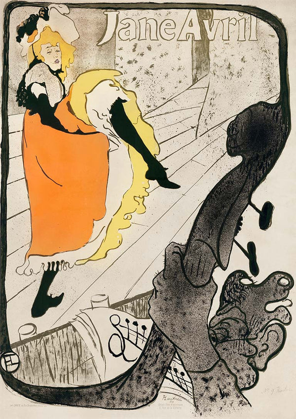 Poster of Jane Avril dancing on stage, with bold outlines and orange-yellow dress by Toulouse-Lautrec.