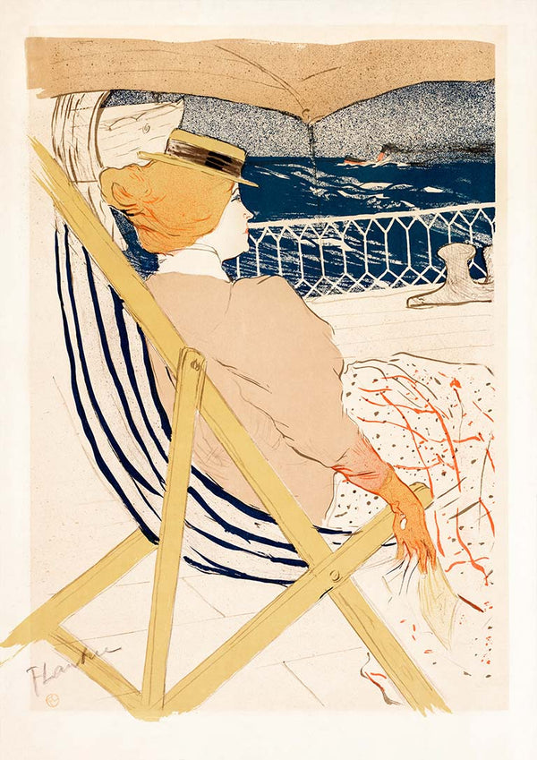 Woman in hat lounging on a striped deck chair by the sea, with waves and boat in background.