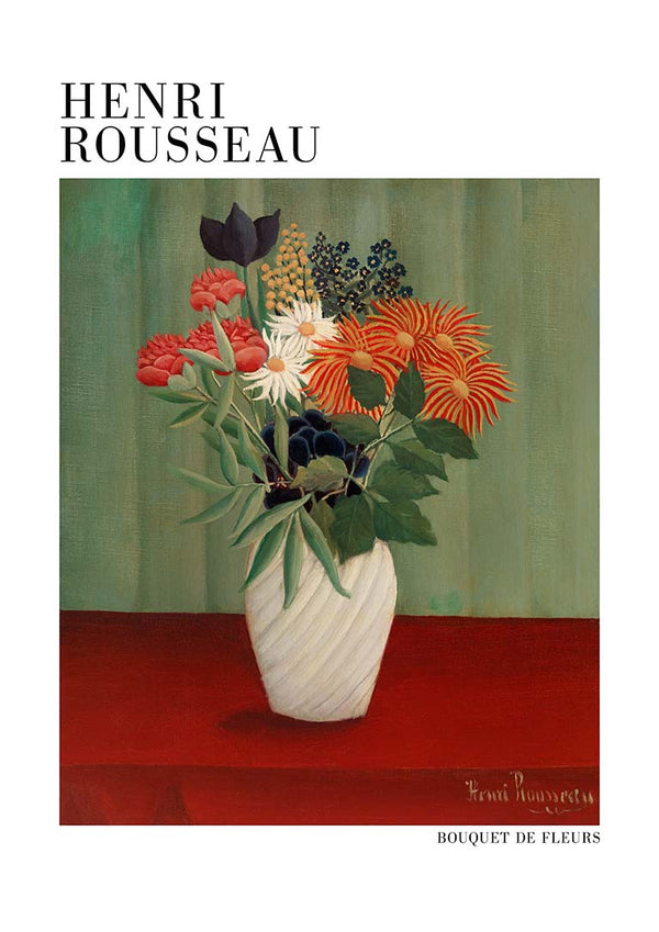 Bouquet De Fleurs by Henri Rousseau, featuring assorted flowers in a white vase on a red table against a green backdrop.