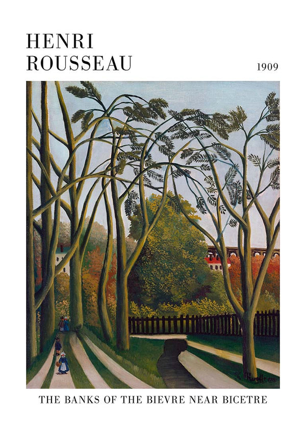 Painting of tall trees by a path, with figures walking and a red building in the background; art by Henri Rousseau.