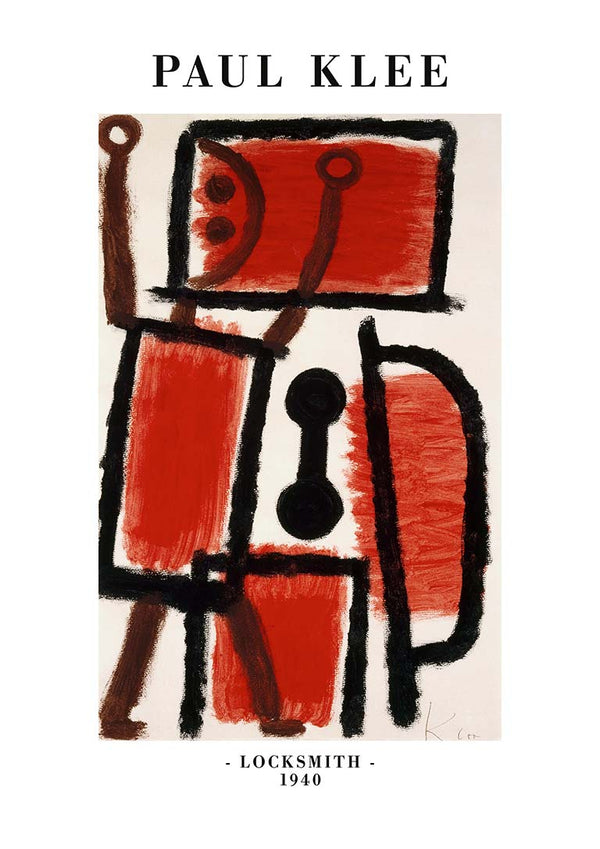 Abstract artwork by Paul Klee titled "Locksmith" (1940), featuring bold geometric shapes in red and black.