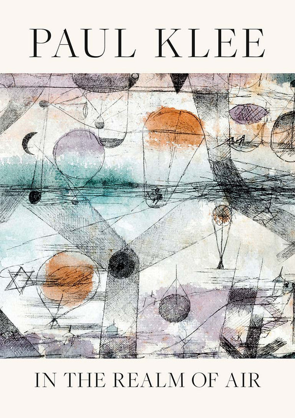 Abstract geometric artwork with circles and lines, muted colors; "Paul Klee In the Realm of Air 1917" displayed.