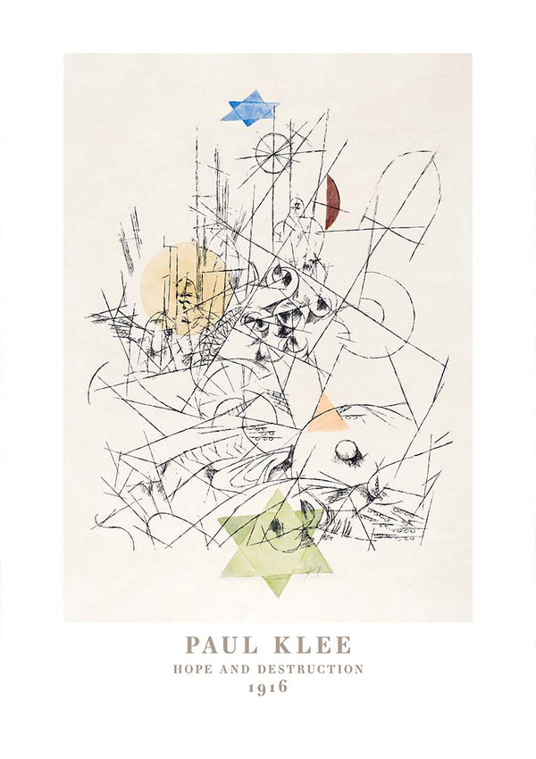 Abstract line drawing with geometric shapes in pastel tones, titled "Hope and Destruction 1916" by Paul Klee.