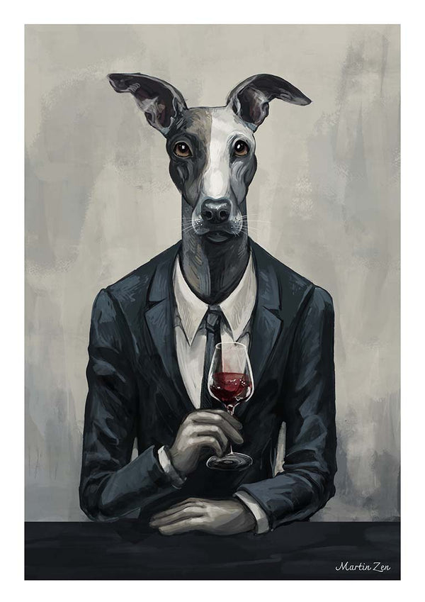 Painting of a dog in a suit holding a glass of red wine, featured on the Boss Man - Martin Zen product page.