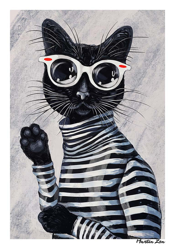 Stylish black cat in striped shirt and white sunglasses from Im Kitty by Martin Zen.