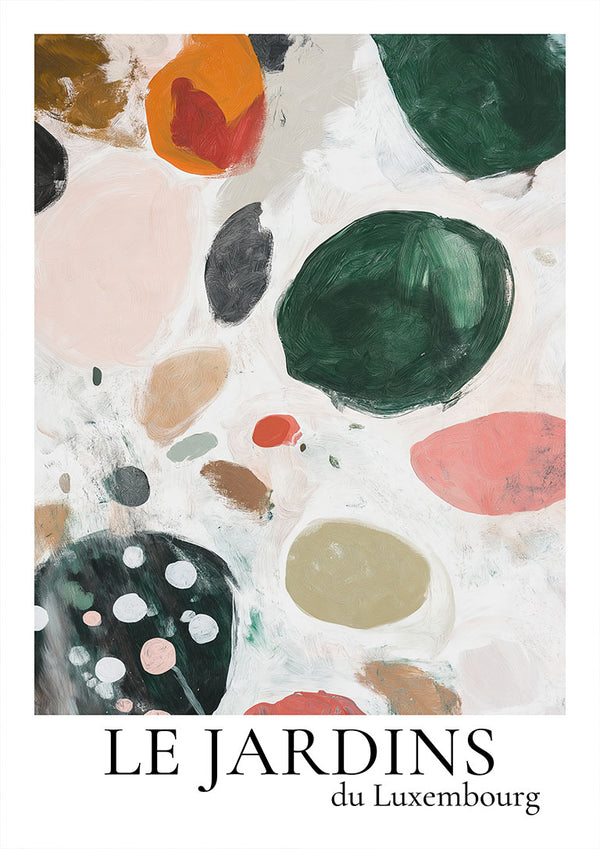 Abstract art print with colorful organic shapes, titled "Le Jardin Du Luxembourg 02" on a white background.
