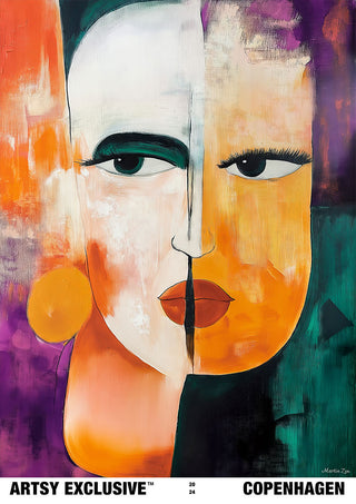 Abstract portrait with split face in orange and purple hues; Duality by Martin Zen, Copenhagen collection.