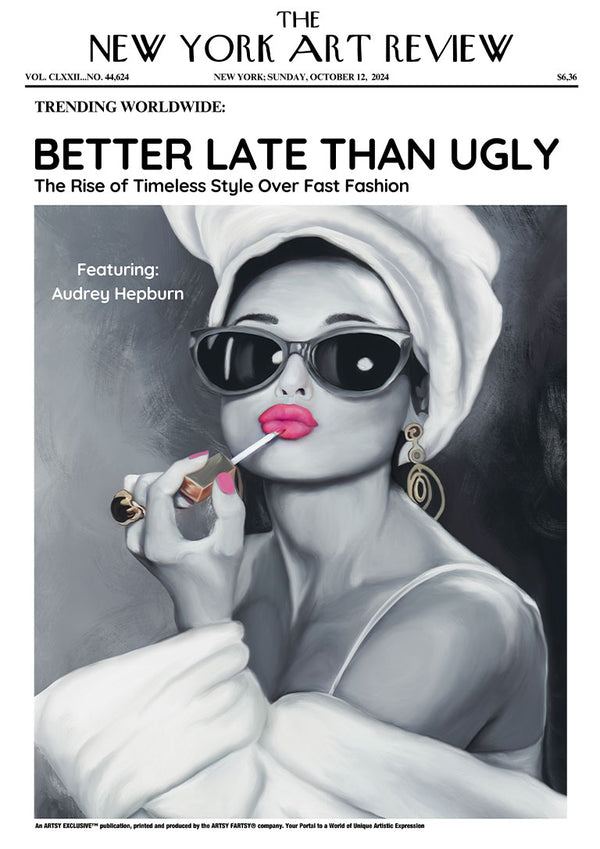 Audrey - Art Review Plakat featuring a stylish woman in sunglasses applying lipstick, evoking timeless elegance.