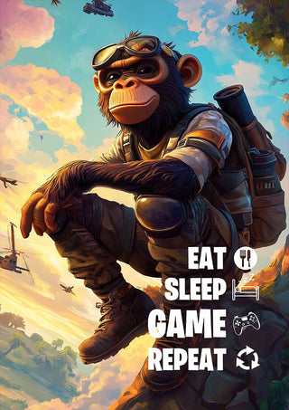 A cartoon monkey in adventure gear sits with "Eat Sleep Game Repeat" text on Eat Sleep Game Plakat product page.