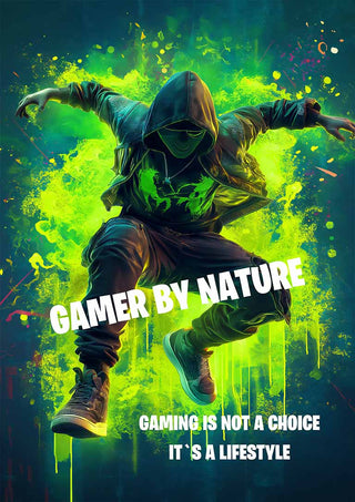 A hooded gamer jumps amid green spray paint with the text "Gamer by Nature" and "Gaming is not a choice, it's a lifestyle."