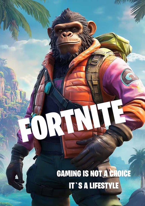 Fortnite Monkey Gamer Plakat featuring a cool monkey in gamer attire with the text "Gaming is not a choice, it's a lifestyle."