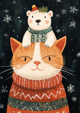 Orange cat in a festive sweater with a small polar bear wearing a hat and scarf on its head, snowflakes in background.