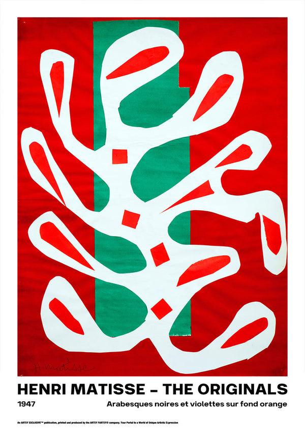 Abstract white organic shapes on red and green background, from Henri Matisse's "Arabesques" series, 1947.