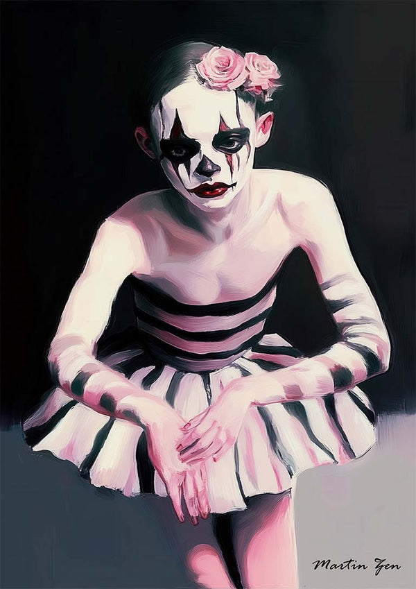 Painting of a ballerina in striped tutu and clown makeup, with pink roses on her head, by Martin Zen.